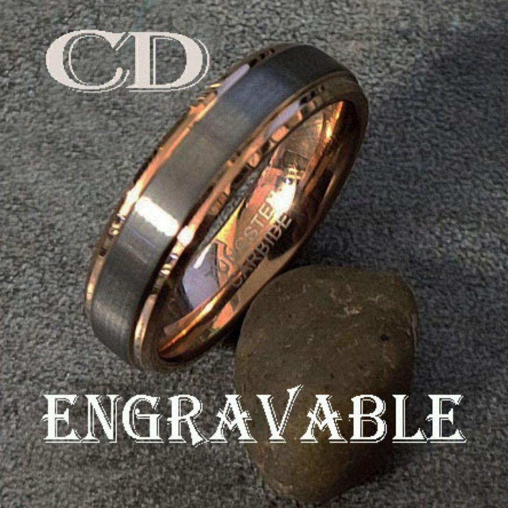 Engraved Men's Real Rose Gold Tungsten Promise Ring 14K Rose Gold Brushed Steel